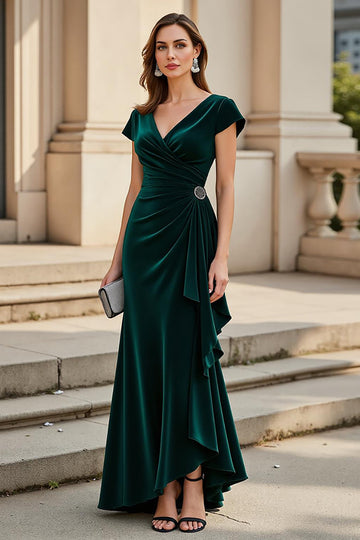 Pine Ruched Cap Sleeve V-Neck Mother Of The Bride Dress